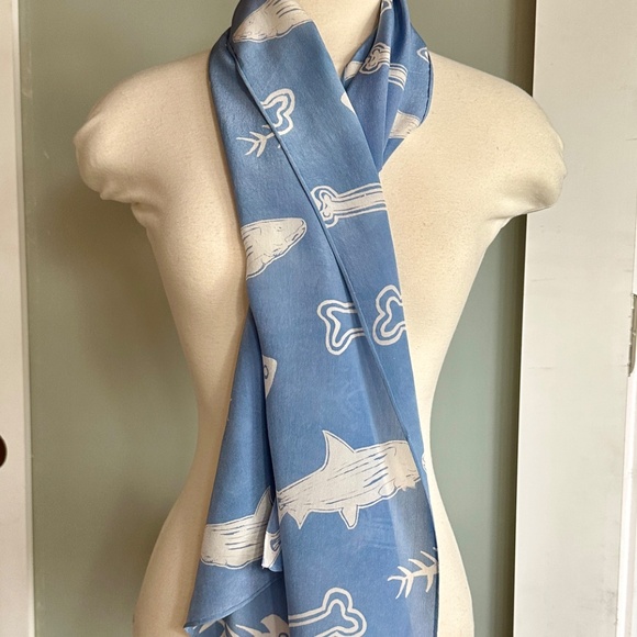 Handpainted Silk Scarf Bonefish and Bones on Hand-dyed Blue Crepe - Picture 3 of 6